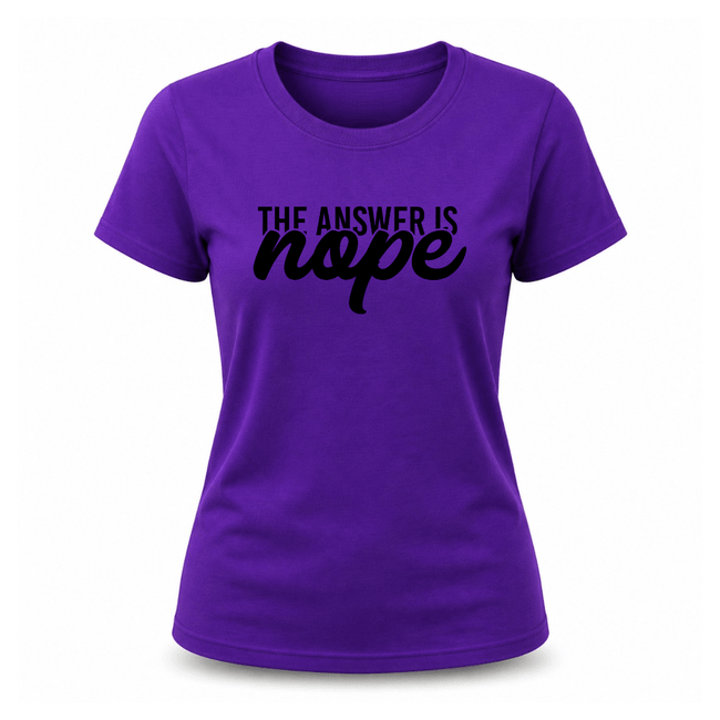 Purple women's casual graphic shirt featuring humorous Nope slogan