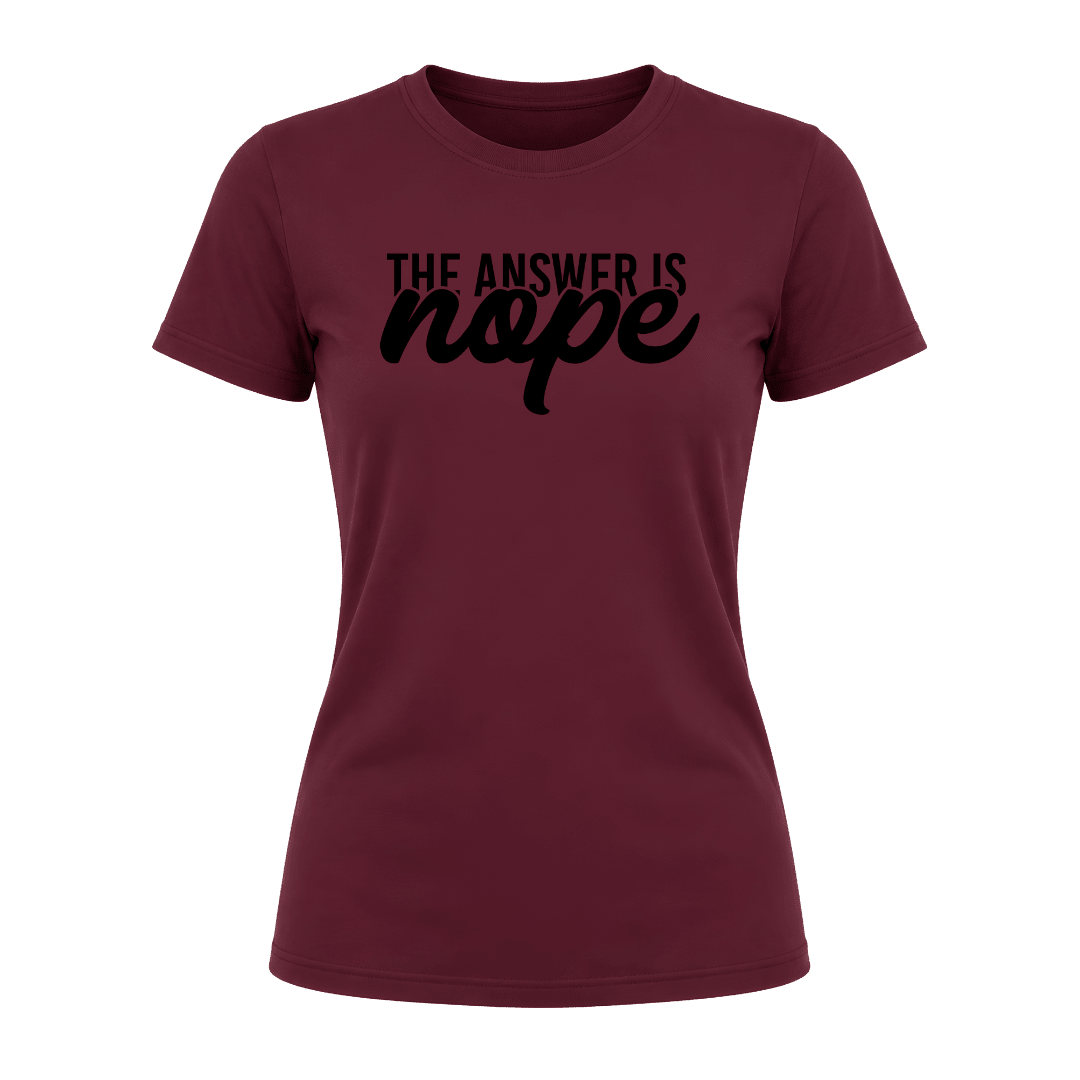Maroon women's graphic shirt featuring trendy Nope slogan artwork
