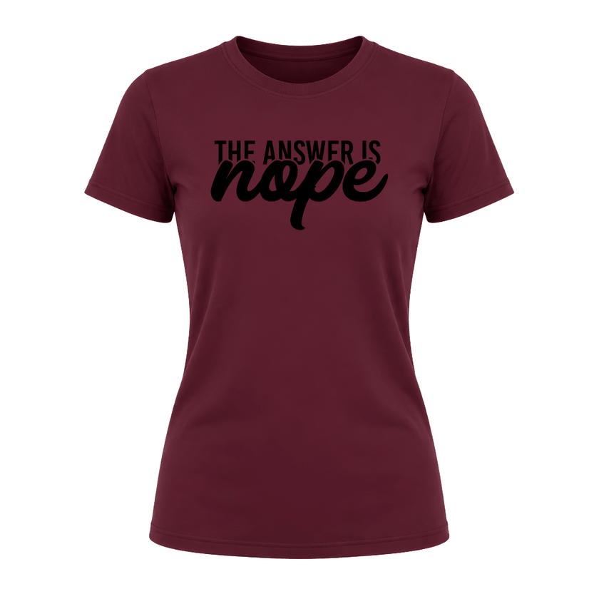 Maroon women's graphic shirt featuring trendy Nope slogan artwork