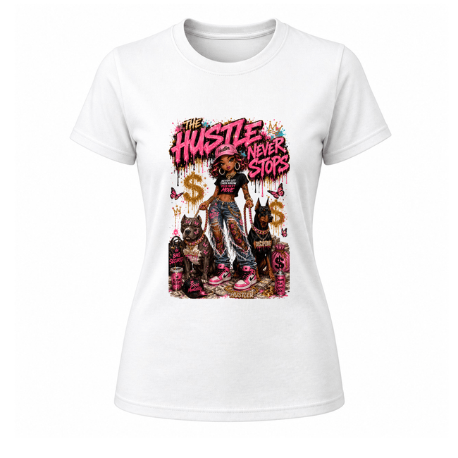 White women’s fashion graphic tee with bold hustle inspired artwork and luxury streetwear aesthetic