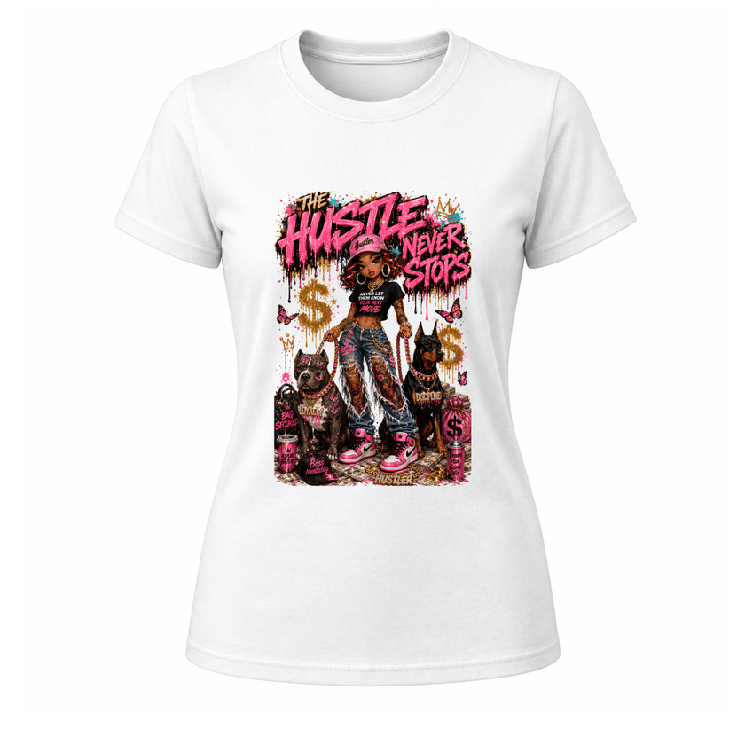 White women’s fashion graphic tee with bold hustle inspired artwork and luxury streetwear aesthetic