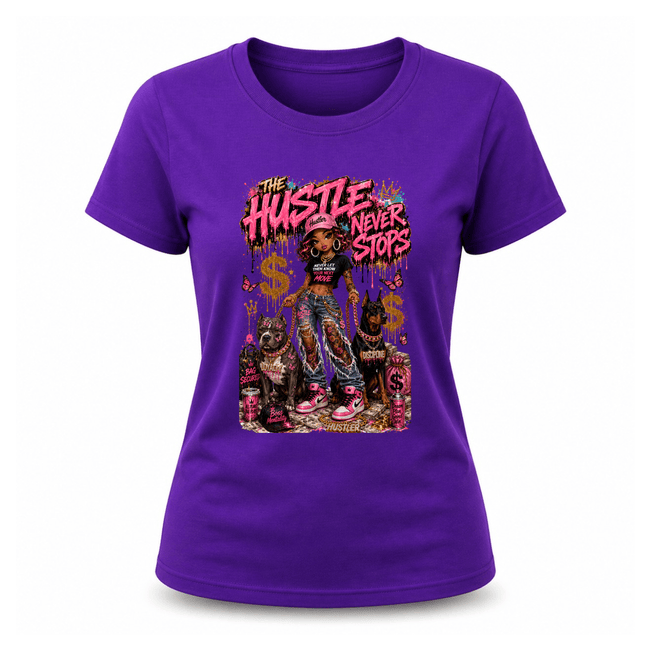 Purple women’s casual fashion t shirt featuring stylish boss babe hustle themed streetwear graphic