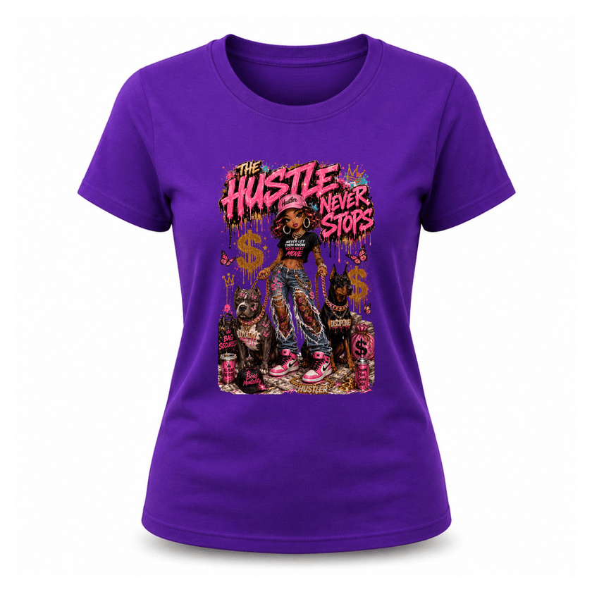 Purple women’s casual fashion t shirt featuring stylish boss babe hustle themed streetwear graphic