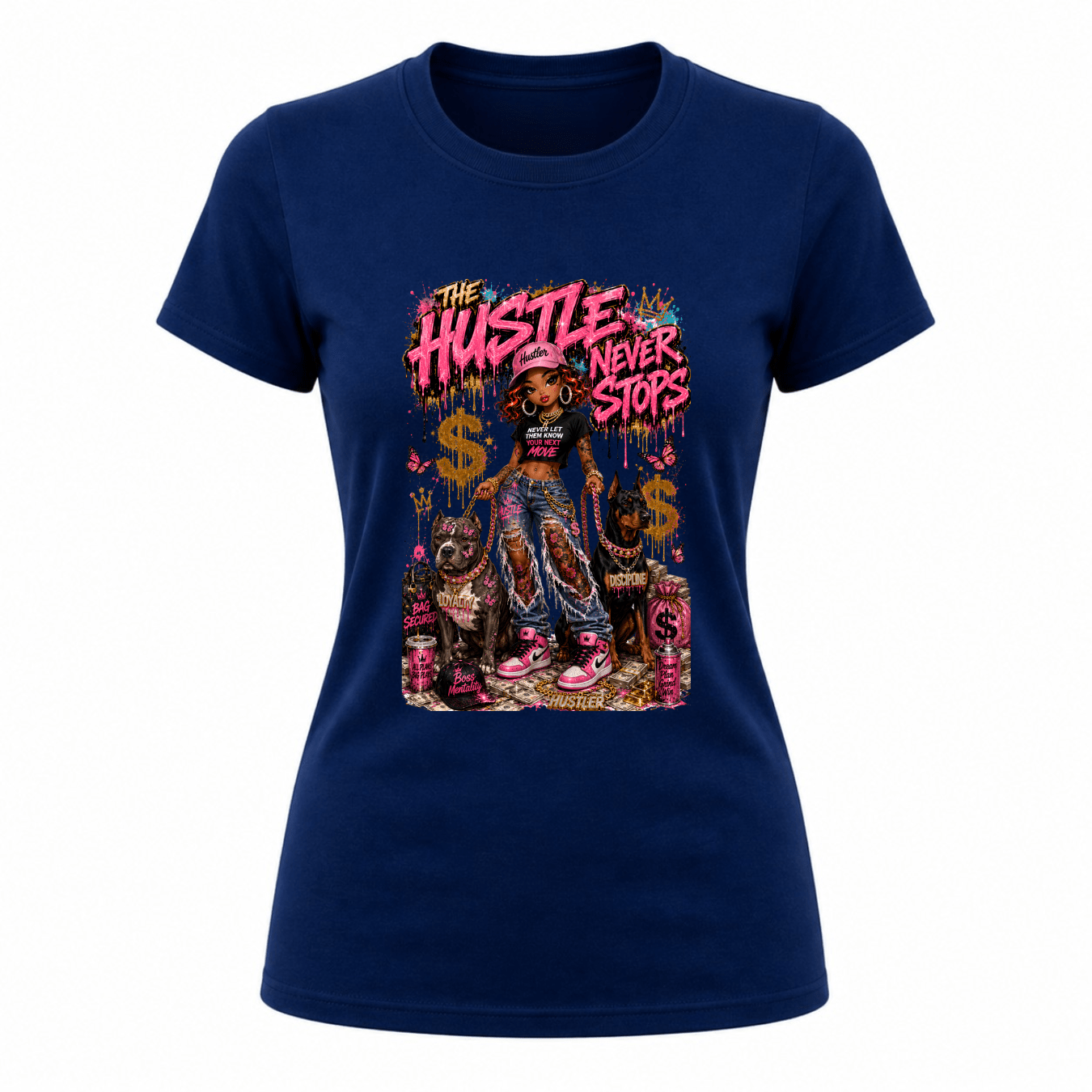 Navy blue women’s trendy graphic tee with hustle never stops statement artwork and colorful design