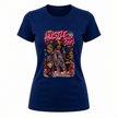 Navy blue women’s trendy graphic tee with hustle never stops statement artwork and colorful design