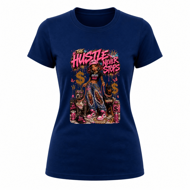 Navy blue women’s trendy graphic tee with hustle never stops statement artwork and colorful design