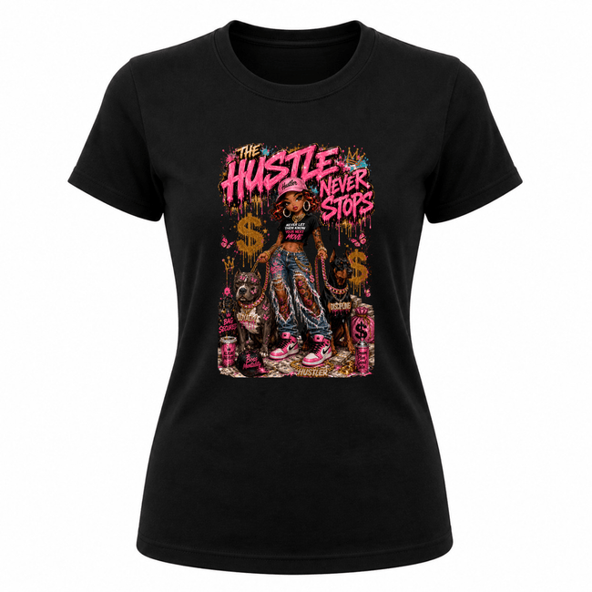 Black women’s motivational graphic t shirt featuring colorful hustle never stops urban streetwear artwork