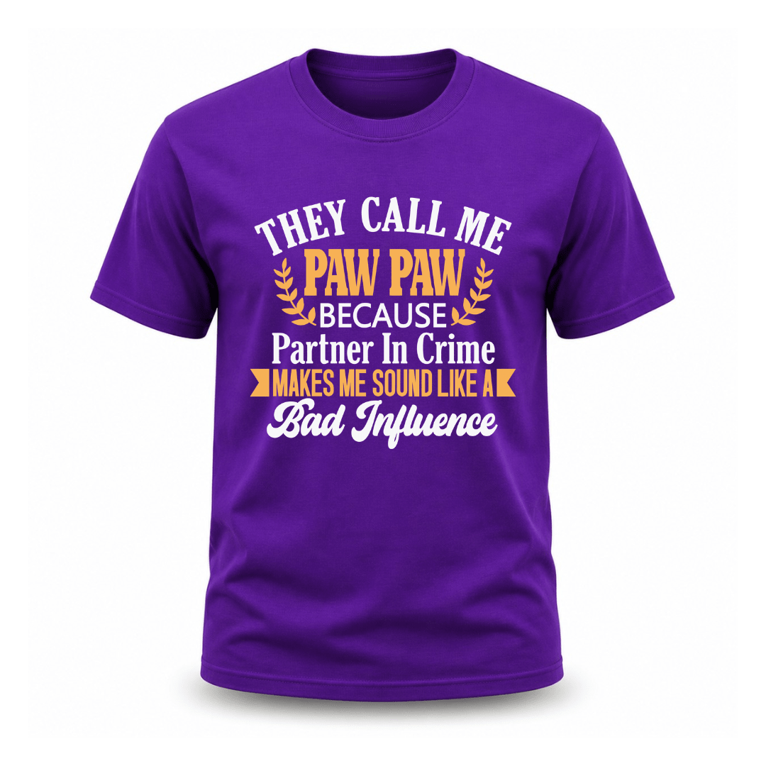 Purple funny grandpa t shirt with playful Paw Paw statement and bold text artwork