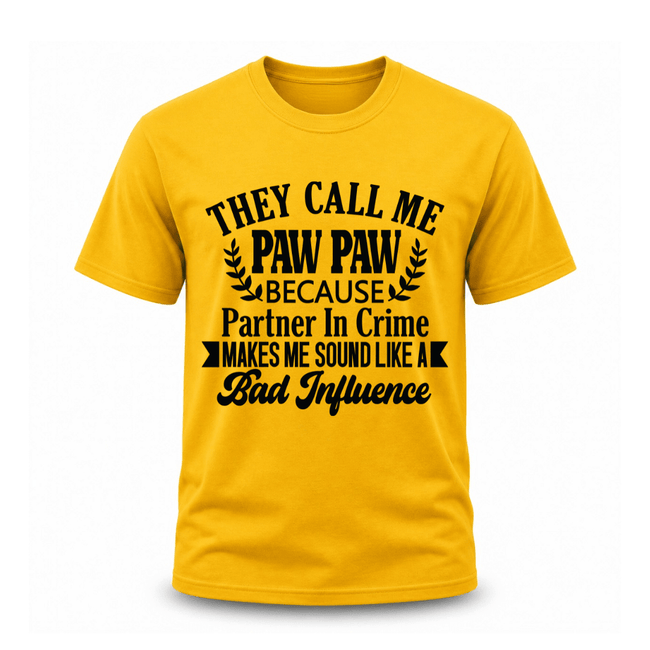 Yellow grandpa graphic tee with funny bad influence quote for stylish and fun family apparel