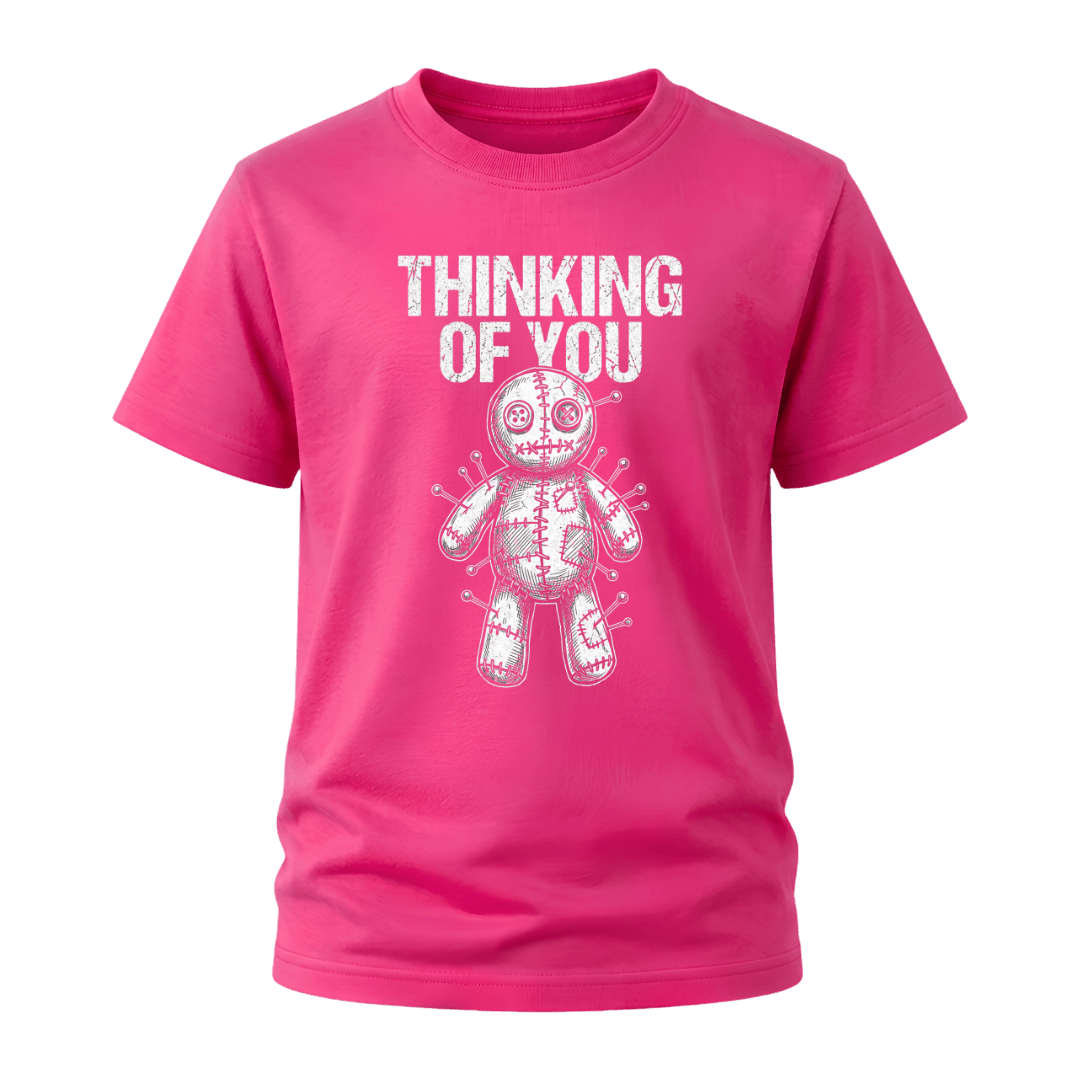 Heliconia pink men’s funny Thinking of You T shirt with white distressed text and stitched voodoo doll design