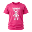 Heliconia pink men’s funny Thinking of You T shirt with white distressed text and stitched voodoo doll design