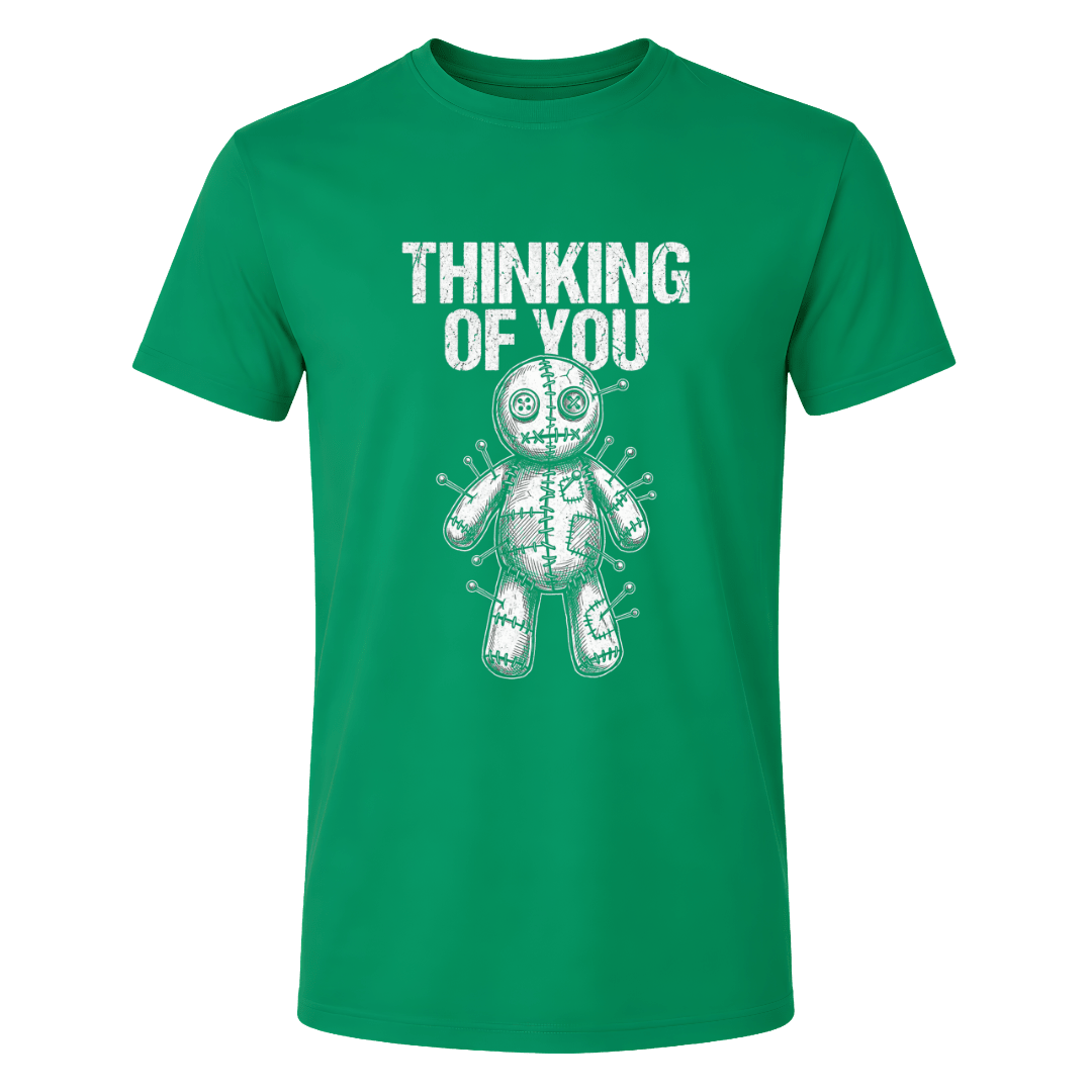 Irish green men’s Thinking of You graphic T shirt featuring white lettering and dark humor voodoo doll artwork