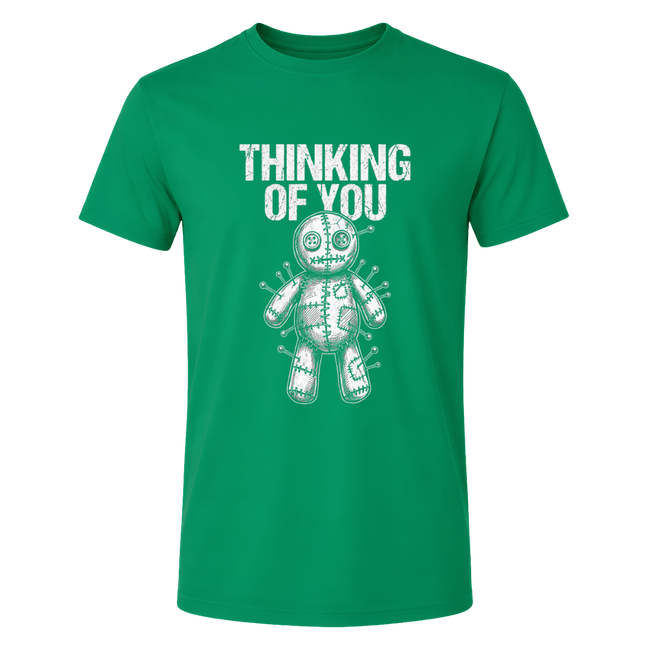 Irish green men’s Thinking of You graphic T shirt featuring white lettering and dark humor voodoo doll artwork