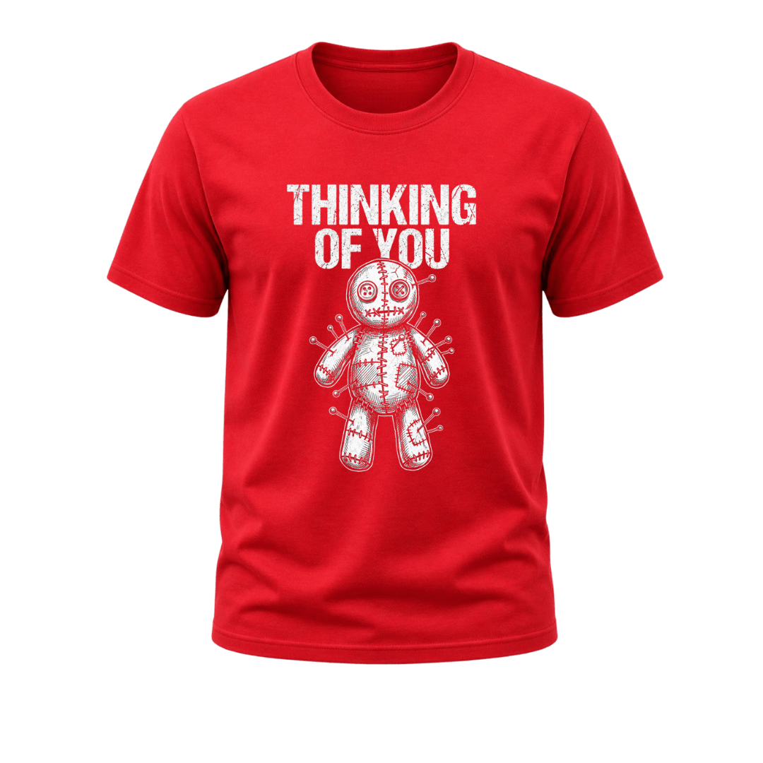Red men’s graphic T shirt featuring white Thinking of You text and a detailed stitched voodoo doll with pins