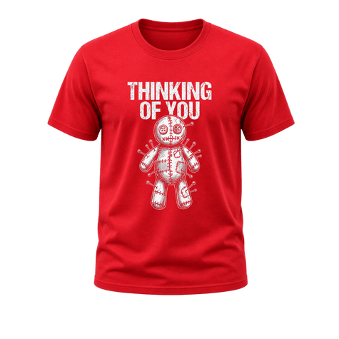 Red men’s graphic T shirt featuring white Thinking of You text and a detailed stitched voodoo doll with pins