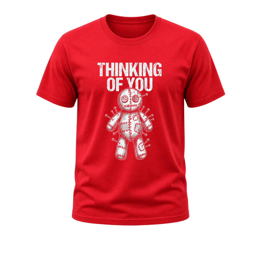 Red men’s graphic T shirt featuring white Thinking of You text and a detailed stitched voodoo doll with pins