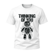 White men’s dark humor T shirt featuring Thinking of You text above a black stitched voodoo doll illustration