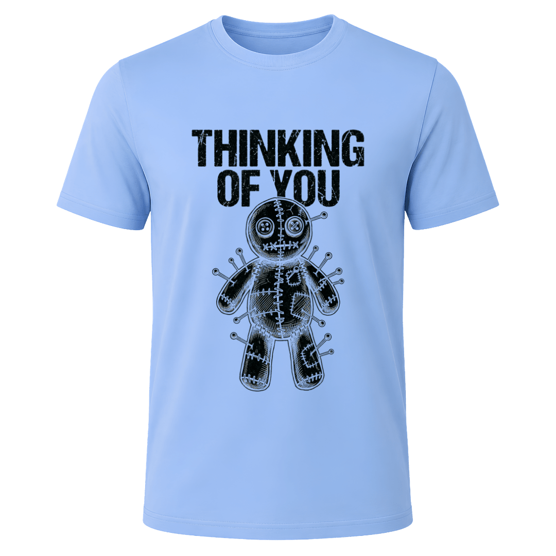 Carolina blue Thinking of You men’s graphic shirt featuring black distressed text and illustrated voodoo doll