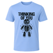 Carolina blue Thinking of You men’s graphic shirt featuring black distressed text and illustrated voodoo doll