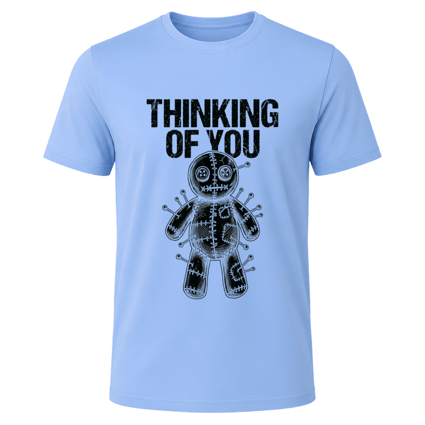 Carolina blue Thinking of You men’s graphic shirt featuring black distressed text and illustrated voodoo doll