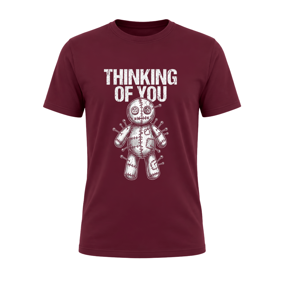 Maroon men’s Thinking of You alternative T shirt featuring contrasting white voodoo doll graphic and distressed text