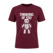Maroon men’s Thinking of You alternative T shirt featuring contrasting white voodoo doll graphic and distressed text