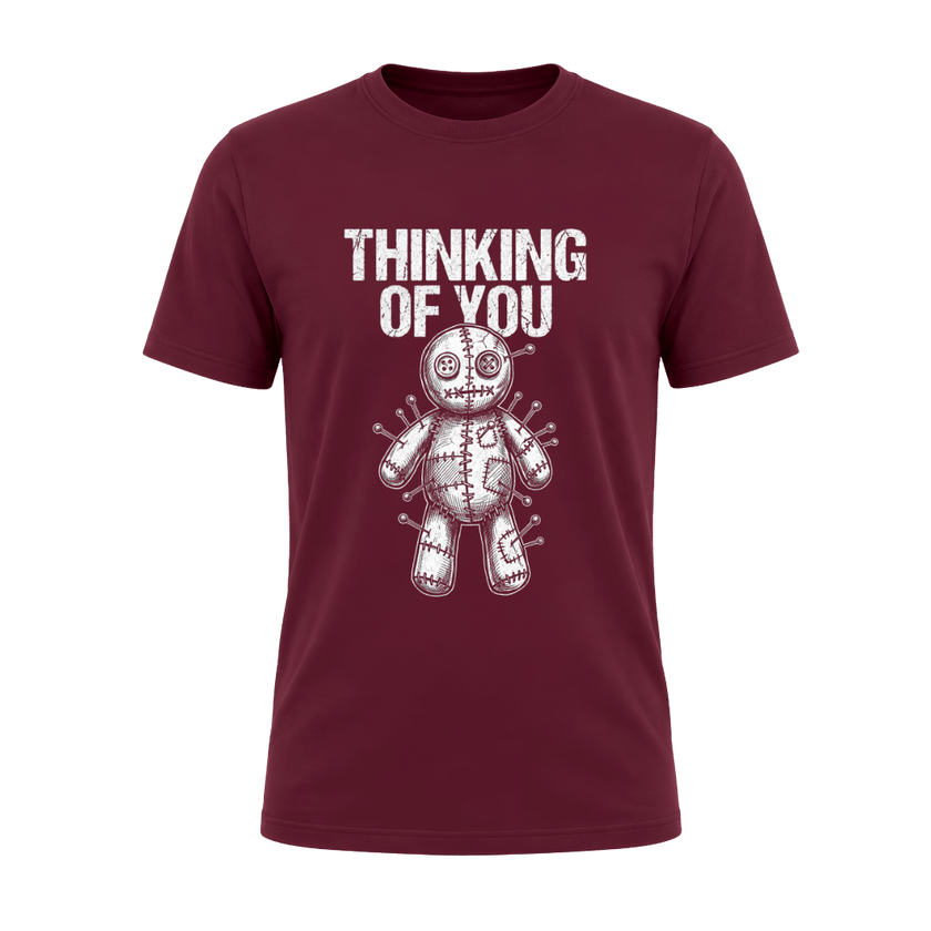 Maroon men’s Thinking of You alternative T shirt featuring contrasting white voodoo doll graphic and distressed text