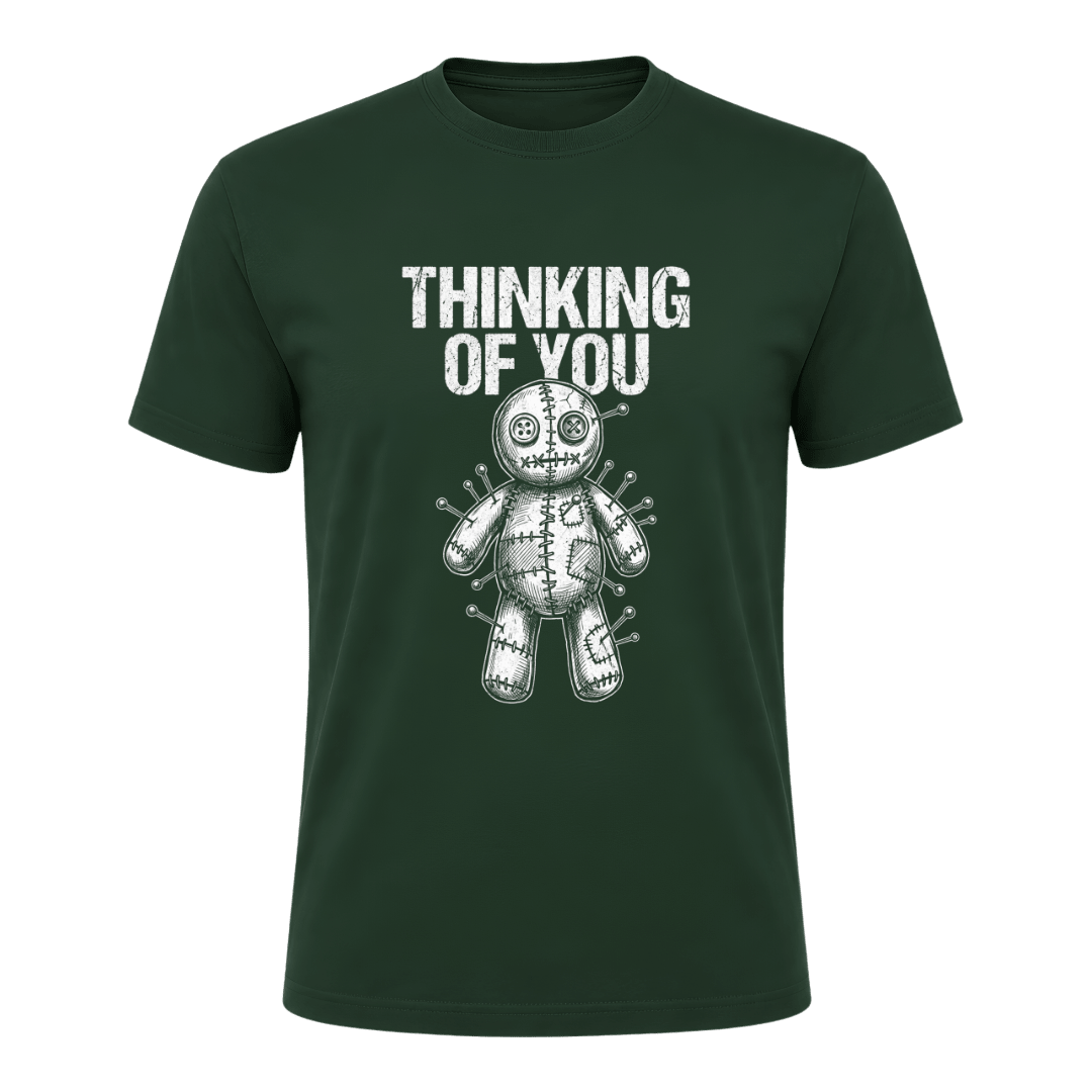 Forest green men’s gothic T shirt featuring white Thinking of You lettering and illustrated voodoo doll with pins