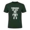 Forest green men’s gothic T shirt featuring white Thinking of You lettering and illustrated voodoo doll with pins