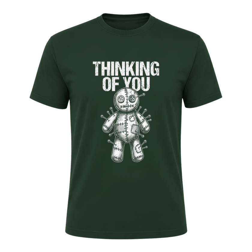 Forest green men’s gothic T shirt featuring white Thinking of You lettering and illustrated voodoo doll with pins