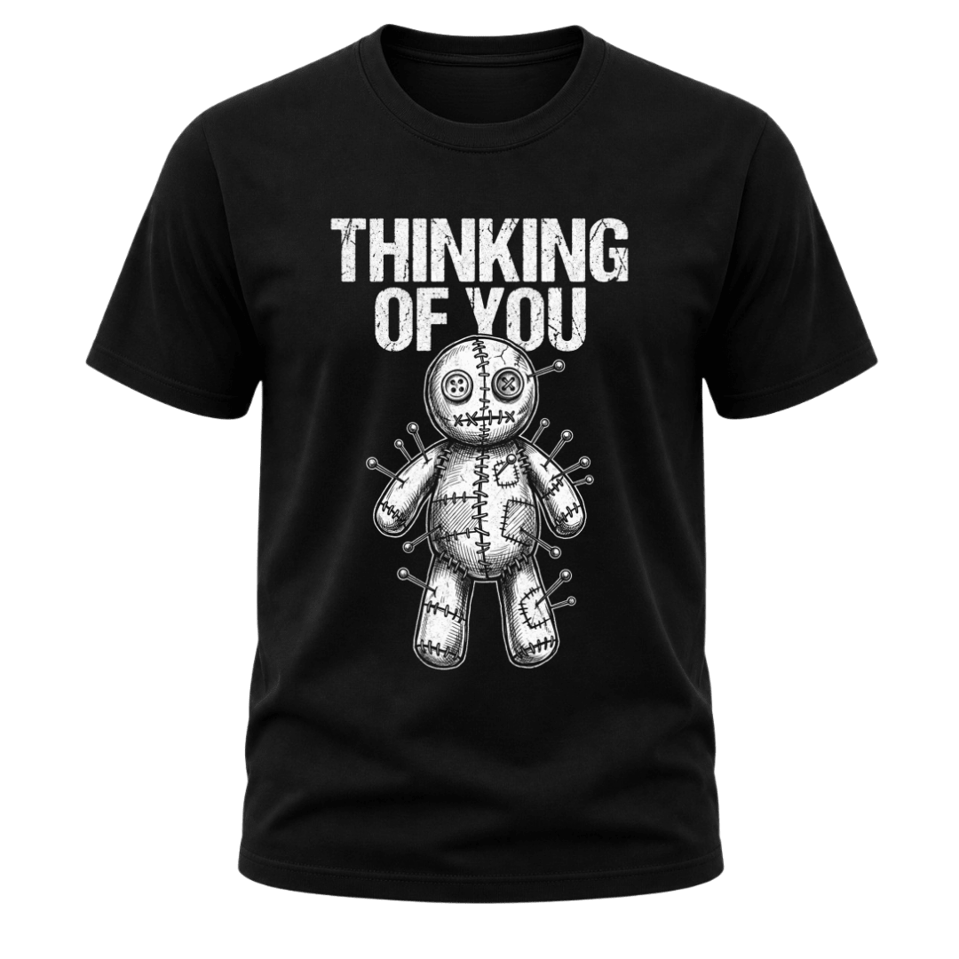 Black men’s Thinking of You shirt featuring distressed white text and detailed white voodoo doll graphic