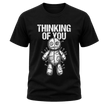 Black men’s Thinking of You shirt featuring distressed white text and detailed white voodoo doll graphic