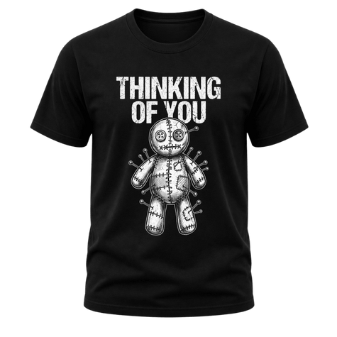 Black men’s Thinking of You shirt featuring distressed white text and detailed white voodoo doll graphic