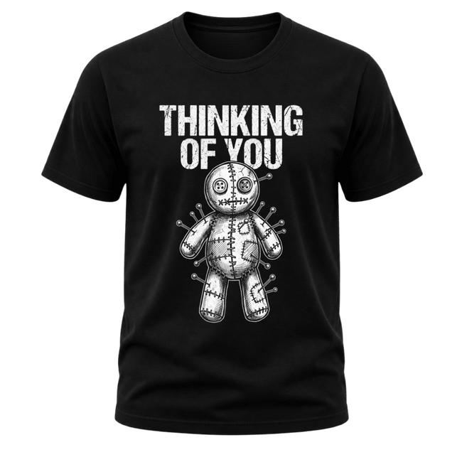 Black men’s Thinking of You shirt featuring distressed white text and detailed white voodoo doll graphic
