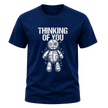 Navy men’s sarcastic graphic tee featuring white Thinking of You wording above an illustrated stitched voodoo doll