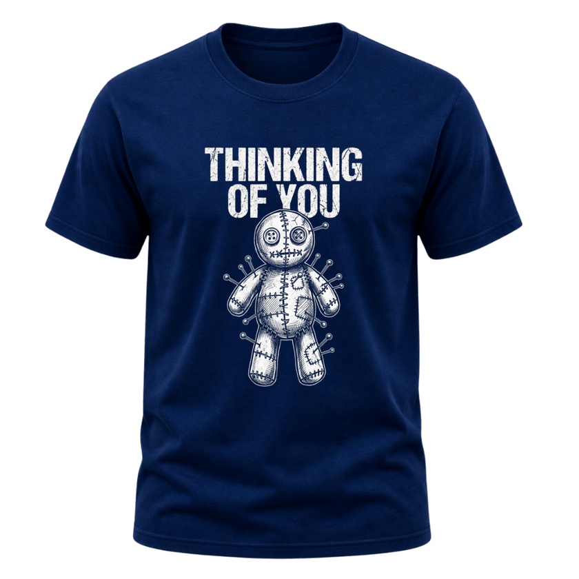 Navy men’s sarcastic graphic tee featuring white Thinking of You wording above an illustrated stitched voodoo doll