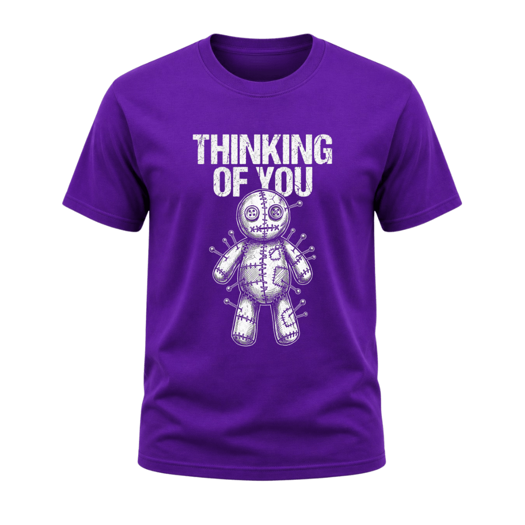 Purple men’s Thinking of You gothic graphic T shirt featuring white distressed lettering and voodoo doll artwork