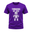 Purple men’s Thinking of You gothic graphic T shirt featuring white distressed lettering and voodoo doll artwork
