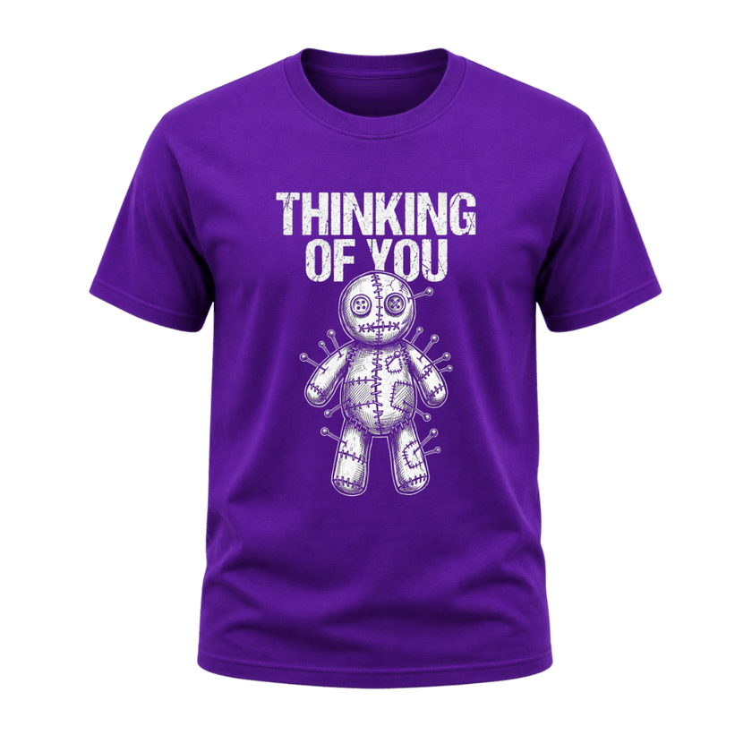 Purple men’s Thinking of You gothic graphic T shirt featuring white distressed lettering and voodoo doll artwork