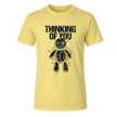 Corn silk men’s alternative graphic tee with black Thinking of You text and detailed stitched voodoo doll artwork