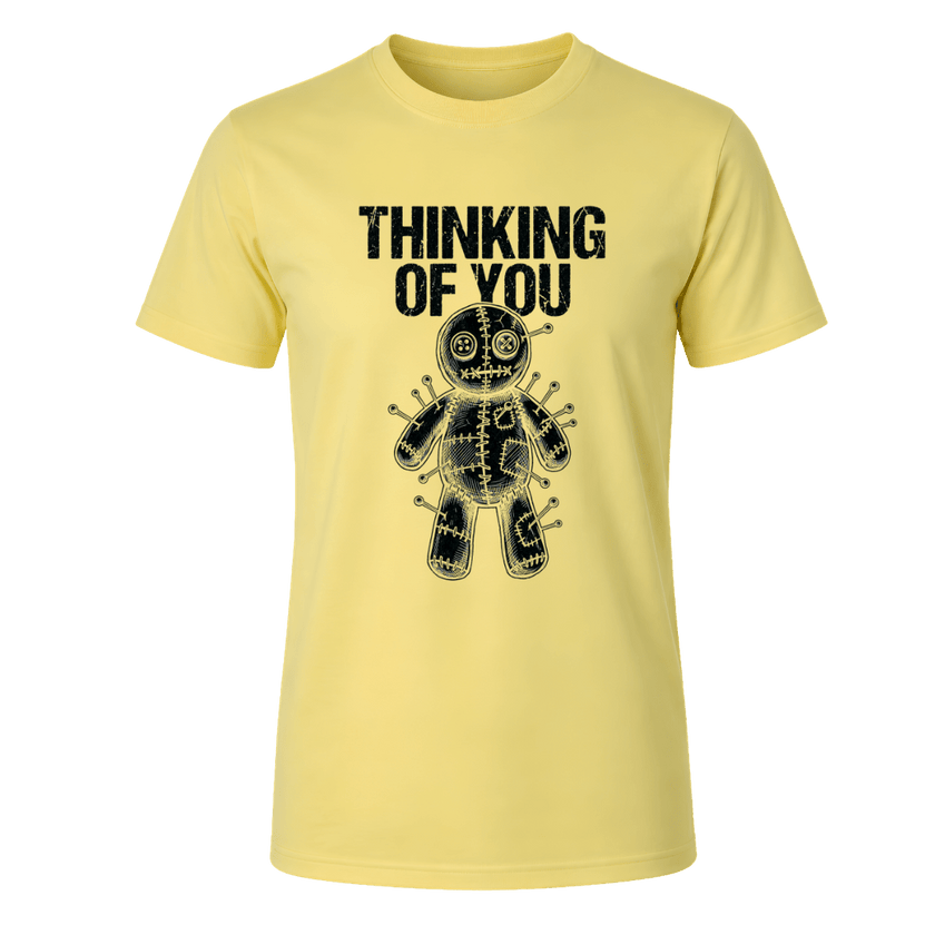 Corn silk men’s alternative graphic tee with black Thinking of You text and detailed stitched voodoo doll artwork