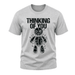 Sport grey men’s Thinking of You T shirt with black distressed lettering and illustrated voodoo doll graphic