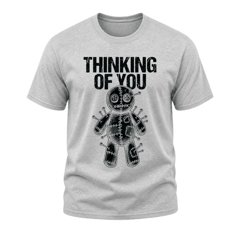 Sport grey men’s Thinking of You T shirt with black distressed lettering and illustrated voodoo doll graphic