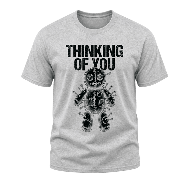 Sport grey men’s Thinking of You T shirt with black distressed lettering and illustrated voodoo doll graphic