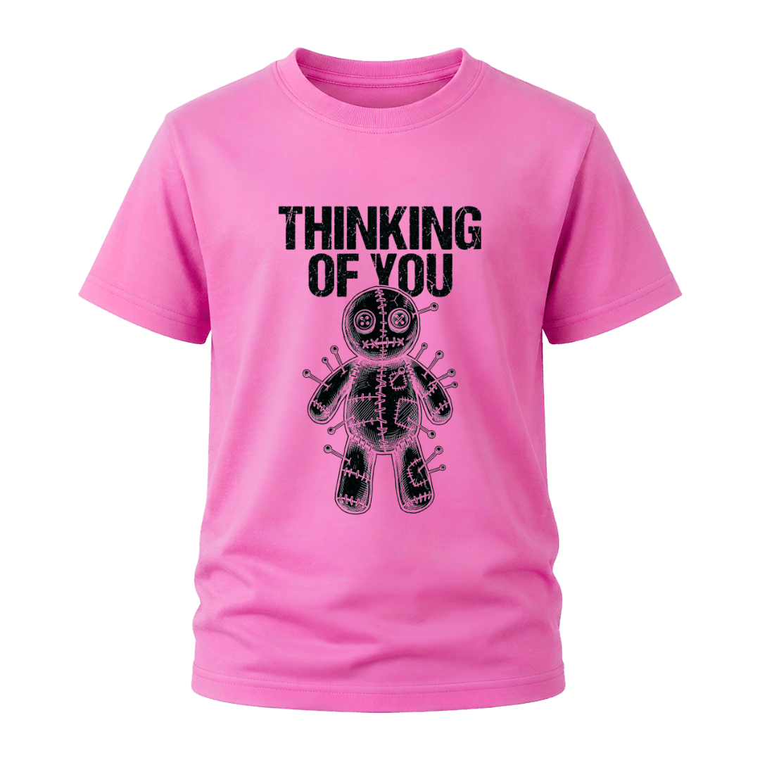 Azalea pink men’s Thinking of You graphic tee with black voodoo doll artwork for sarcastic alternative style