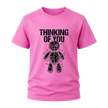 Azalea pink men’s Thinking of You graphic tee with black voodoo doll artwork for sarcastic alternative style