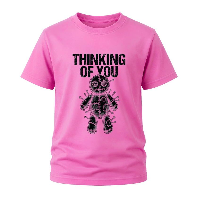 Azalea pink men’s Thinking of You graphic tee with black voodoo doll artwork for sarcastic alternative style