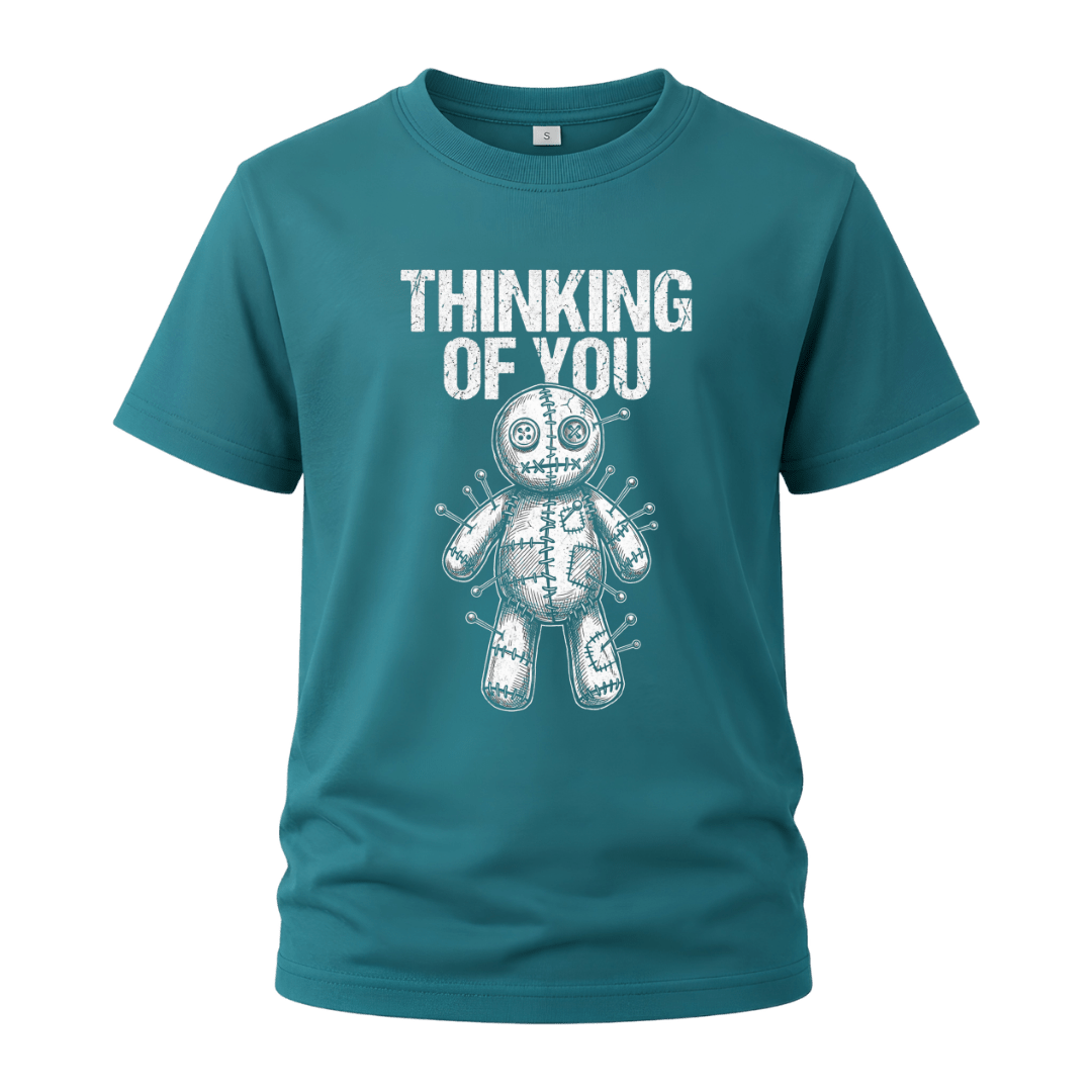 Jade Dome men’s dark humor shirt with white Thinking of You text and vintage sketch style voodoo doll illustration