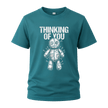 Jade Dome men’s dark humor shirt with white Thinking of You text and vintage sketch style voodoo doll illustration