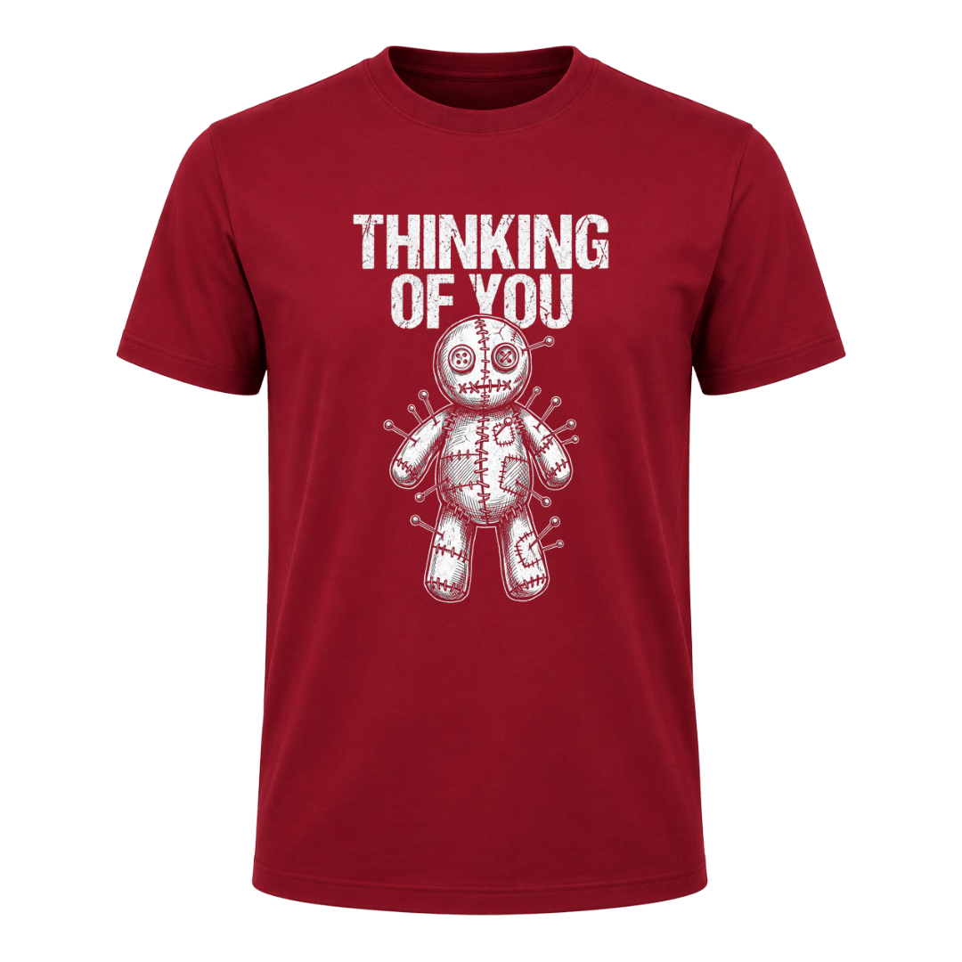 Cardinal red men’s dark humor graphic T shirt with Thinking of You message and white stitched voodoo doll design